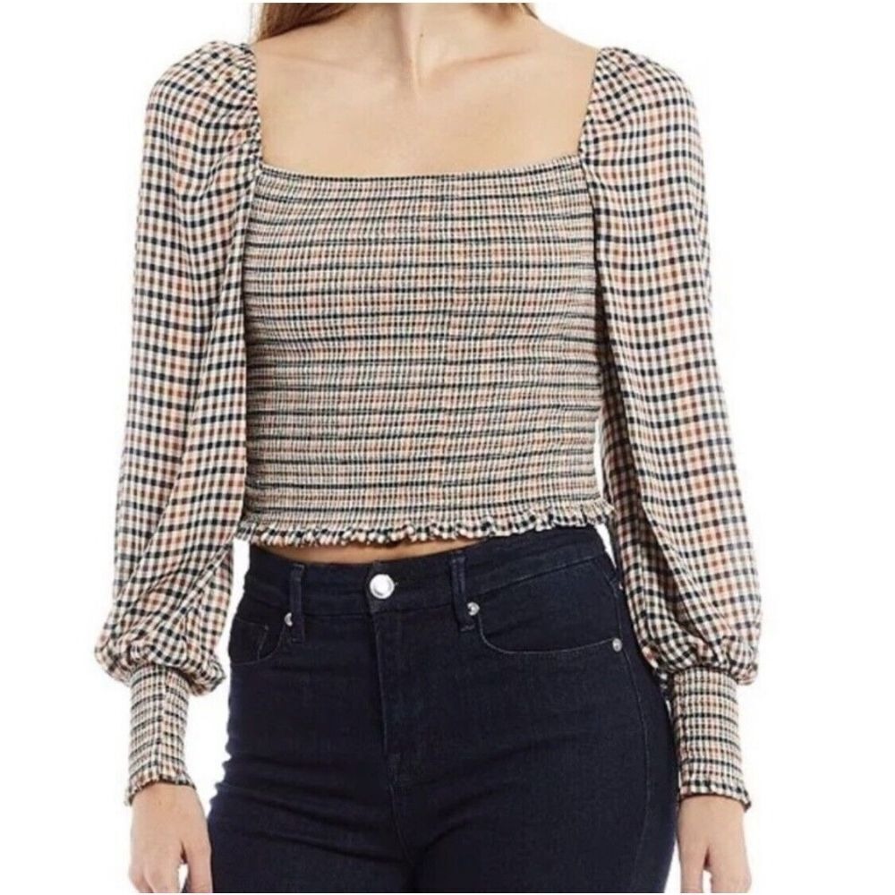 Gianni Bini Angel Blouse Size Medium Cropped Smocked Puff Sleeve Brown Plaid NWT